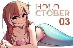Rule 34 | 1girl, absurdres, ahoge, alternate costume, blush, breasts, brown eyes, brown hair, cleavage, crossed bangs, english text, fins, fish tail, gem, highres, hololive, hololive english, lavendeavor, long hair, looking at viewer, medium breasts, mermaid, monster girl, multicolored hair, nanashi mumei, official alternate hairstyle, pearl (gemstone), scales, shell, shell bikini, smile, streaked hair, tail, virtual youtuber