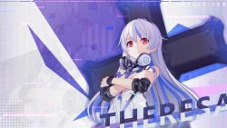 Rule 34 | 1girl, character name, chinese commentary, closed mouth, cross (weapon), crossed arms, headphones, highres, honkai (series), honkai impact 3rd, long sleeves, looking at viewer, multicolored hair, official alternate costume, official art, official wallpaper, red eyes, smile, solo, streaked hair, theresa apocalypse, theresa apocalypse (luna kindred), v-shaped eyebrows, white hair