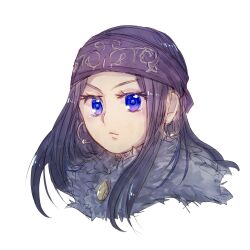 Rule 34 | 1girl, asirpa, ayakusa-haku, blue eyes, blue hair, buttons, child, closed mouth, commentary request, earrings, fur collar, golden kamuy, headband, highres, hoop earrings, jewelry, long hair, looking ahead, portrait, purple hair, purple headband, sidelocks, simple background, solo, white background