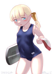 Rule 34 | 1girl, alternate costume, blonde hair, blue eyes, dated, hair ornament, kantai collection, kickboard, long hair, one-piece swimsuit, open mouth, ray.s, school swimsuit, shin&#039;you (kancolle), side ponytail, solo, swim cap, unworn swim cap, swimsuit, twitter username