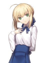 Rule 34 | 1girl, ahoge, arm behind back, artoria pendragon (all), artoria pendragon (fate), blonde hair, breasts, dress, fate/grand order, fate/stay night, fate (series), flat chest, green eyes, hair ribbon, hand on own chest, kauto, long sleeves, looking at viewer, open mouth, ponytail, ribbon, saber (fate), short hair, skirt, solo