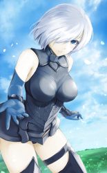 Rule 34 | 1girl, armor, armored boots, armored dress, beckoning, blue gloves, blue sky, blush, boots, breasts, cloud, colored eyelashes, cowboy shot, day, dress, dutch angle, elbow gloves, fate/grand order, fate (series), field, gauntlets, gloves, grass, hair over one eye, horizon, kz nagomiya, leaning forward, looking at viewer, mash kyrielight, medium breasts, open hand, outdoors, petals, pov, short dress, short hair, silver hair, sky, sleeveless, smile, solo, sunlight, thigh boots, thigh strap, thighhighs, thighs, wind