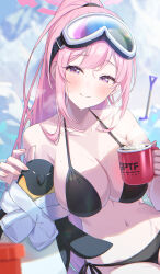 Rule 34 | 1girl, absurdres, animal, bikini, bird, blue archive, blush, breasts, cleavage, closed mouth, cup, eimi (blue archive), eimi (swimsuit) (blue archive), fingernails, food, goggles, goggles on head, groin, halo, highres, holding, holding cup, large breasts, long hair, looking at viewer, marshmallow, momomoi momoi, navel, official alternate costume, penguin, pink eyes, pink hair, pink halo, ponytail, shovel, smile, solo, sweat, swimsuit, very long hair