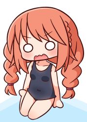 Rule 34 | 1girl, bare arms, bare legs, bare shoulders, barefoot, black one-piece swimsuit, blush, braid, breasts, brown hair, chibi, collarbone, covered navel, full body, hana kazari, highres, long hair, looking at viewer, o o, old school swimsuit, one-piece swimsuit, open mouth, princess connect!, school swimsuit, sitting, small breasts, solo, swimsuit, twin braids, twintails, v-shaped eyebrows, very long hair, wavy mouth, yokozuwari, yuni (princess connect!)