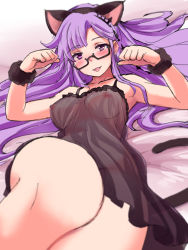 Rule 34 | 10s, 1girl, absurdres, animal ears, babydoll, black babydoll, breasts, cat ears, cat tail, cleavage, covered erect nipples, fake animal ears, fang, fantasista doll, glasses, highres, long hair, looking at viewer, lying, madeleine (fantasista doll), no panties, on back, open mouth, purple eyes, purple hair, rawara mamihi, see-through, smile, solo, tail