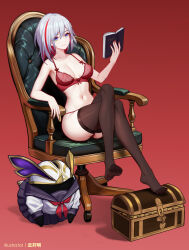 Rule 34 | 1girl, bare arms, bare shoulders, black thighhighs, book, bra, chair, colored inner hair, commentary request, grey hair, hair ornament, highres, holding, holding book, honkai: star rail, honkai (series), multicolored hair, navel, no shoes, numby (honkai: star rail), red background, red bra, red hair, school uniform, serafuku, simple background, stomach, streaked hair, thighhighs, topaz (honkai: star rail), treasure chest, trotter (honkai: star rail), underwear, underwear only, yunkaiming