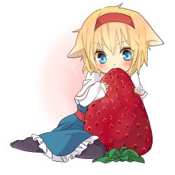 Rule 34 | 1girl, alice margatroid, animal ears, blonde hair, blue dress, blue eyes, blush, capelet, cat ears, dress, ears down, eating, food, fruit, hairband, kemonomimi mode, lowres, pantyhose, solo, strawberry, touhou, tsuno no hito