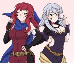 Rule 34 | 1girl, 2girls, absurdres, bare shoulders, black cape, black gloves, black leggings, blue scarf, bodysuit, bracelet, breasts, cape, choker, cleavage, closed mouth, clothing cutout, cosplay, costume switch, dress, elbow gloves, facial mark, fingerless gloves, fire emblem, fire emblem: radiant dawn, fire emblem engage, gloves, grey hair, hair ornament, hair ribbon, half updo, highres, jewelry, large breasts, latikamu, leggings, long hair, looking at viewer, medium breasts, micaiah (fire emblem), multiple girls, nintendo, one eye closed, pink background, purple bodysuit, red eyes, red hair, ribbon, scarf, side cutout, simple background, sleeveless, sleeveless dress, smile, solo, star (symbol), star facial mark, star hair ornament, twitter username, yellow eyes, yunaka (fire emblem)