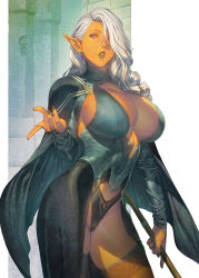Rule 34 | 1girl, breasts, capelet, cleavage, contrapposto, dark skin, earrings, elf, foreshortening, grey hair, hair over one eye, highres, homare (fool&#039;s art), jewelry, large breasts, lipstick, makeup, original, pointy ears, purple eyes, skindentation, solo, staff, thighhighs, wavy hair