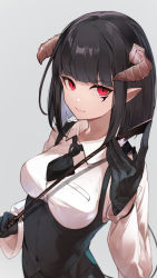 Rule 34 | 1girl, absurdres, black gloves, black hair, breasts, closed mouth, demon girl, demon horns, demon tail, facial mark, facial tattoo, feet out of frame, gloves, highres, hime-sama &quot;goumon&quot; no jikan desu, holding, holding riding crop, holding whip, horns, lips, long sleeves, looking at viewer, medium breasts, medium hair, mimizuku (mmiganaru), pointy ears, red eyes, riding crop, shirt, solo, standing, suspenders, tail, tattoo, torture tortura, upper body, white background, white shirt