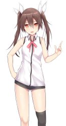 Rule 34 | 10s, 1girl, alternate costume, asymmetrical legwear, bare arms, brown eyes, brown hair, eyes visible through hair, gluteal fold, hair between eyes, hair tie, hand on own hip, highres, index finger raised, kantai collection, long hair, looking at viewer, matching hair/eyes, open mouth, panties, pantyshot, simple background, single thighhigh, skindentation, solo, standing, takeyuu, thighhighs, tone (kancolle), twintails, underwear, uneven legwear, white background, white panties