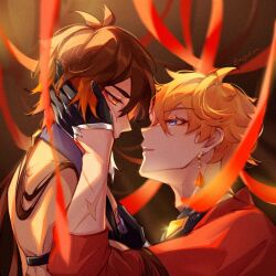Rule 34 | 2boys, chenzcy, earrings, genshin impact, hand on another&#039;s cheek, hand on another&#039;s face, highres, jewelry, looking at another, multiple boys, red tassel, scar, scar on arm, single earring, tartaglia (genshin impact), yaoi, zhongli (genshin impact)