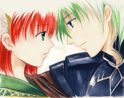 Rule 34 | armor, blue eyes, couple, eye contact, fire emblem, fire emblem: the blazing blade, green eyes, green hair, head wings, heath (fire emblem), hug, looking at another, multicolored hair, nintendo, priscilla (fire emblem), red hair, short hair, two-tone hair, white hair, wings, wyvern rider