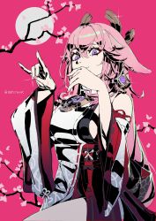 Rule 34 | 1girl, animal ears, arms up, bare shoulders, blush, branch, breasts, cherry blossoms, datcravat, detached sleeves, fox ears, fox shadow puppet, genshin impact, hair between eyes, hair ornament, highres, japanese clothes, large breasts, long hair, long sleeves, looking at viewer, moon, nail polish, pink background, pink hair, pink nails, purple eyes, sideboob, simple background, smile, solo, sparkle, thighs, twitter username, wide sleeves, yae miko