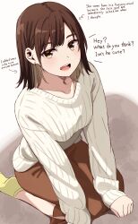 Rule 34 | 1girl, :d, alternate language, ankle socks, arrow (symbol), blush, bob cut, breasts, brown eyes, brown hair, brown skirt, collarbone, earrings, english text, highres, jewelry, kapatarou, long sleeves, looking at viewer, open mouth, original, ribbed shirt, shirt, skirt, sleeves past wrists, small breasts, smile, socks, solo, thick eyebrows, white background, white shirt, yellow socks