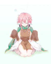 Rule 34 | 1girl, belt, bird, cape, closed eyes, closed mouth, detached sleeves, feathered wings, feathers, harpy (maou-jou de oyasumi), head wings, highres, jewelry, long sleeves, maou-jou de oyasumi, necklace, pink hair, setsuki nc, short hair, simple background, sitting, sleeves past wrists, wings