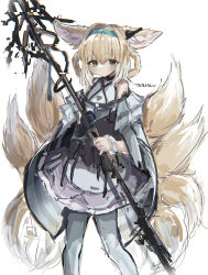 Rule 34 | 1girl, absurdres, animal ears, arknights, bare shoulders, black gloves, blonde hair, blue hairband, blush, braid, braided hair rings, closed mouth, clothing cutout, colored tips, commentary, dress, earpiece, feet out of frame, fox ears, fox girl, fox tail, glitch, gloves, green eyes, hair between eyes, hair rings, hairband, highres, holding, holding staff, keta popo (system ppp), kitsune, kyuubi, material growth, multicolored hair, multiple tails, oripathy lesion (arknights), pantyhose, purple dress, short dress, short hair, shoulder cutout, single glove, single wrist cuff, solo, staff, standing, suzuran (arknights), tail, twin braids, white background, white hair, white pantyhose, wrist cuffs
