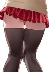 Rule 34 | 1girl, ass, azur lane, brown jacket, casual, from behind, from below, jacket, knees together feet apart, lower body, miniskirt, pleated skirt, red skirt, skindentation, skirt, solo, standing, taihou (azur lane), thighhighs, thighs, yorugami rei