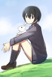 Rule 34 | 10s, 1girl, animal, black hair, blue sky, brave witches, cloud, day, gradient background, grass, highres, interlocked fingers, kinosaki (green patio), military, military uniform, outdoors, own hands clasped, own hands together, rabbit, red eyes, shimohara sadako, short hair, sitting, sky, smile, solo, strike witches, uniform, world witches series