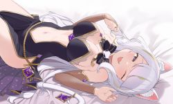 Rule 34 | 1girl, animal ear fluff, animal ears, bed, bed sheet, bed sheets, breasts, cat ears, cat girl, cat tail, fang, twirling hair, happy, highres, indie virtual youtuber, large breasts, long hair, looking at viewer, lying, necromancer, nekomancer, nekomancervt, on back, one fang, persephone, purple eyes, tail, virtual youtuber, white hair, witch, yellow eyes