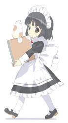 Rule 34 | 1girl, black footwear, box, brown eyes, cardboard box, cat, full body, looking at viewer, maid, maid headdress, mary janes, mibu natsuki, pantyhose, shoes, simple background, smile, solo, source request, walking, white background, white pantyhose