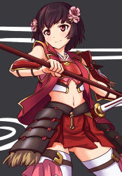 Rule 34 | 1girl, a9b (louis814), armor, brown hair, flower, gluteal fold, hair ornament, hairclip, katana, midriff, oshiro project:re, sheath, shinpu (oshiro project), short hair, simple background, sketch, smile, solo, striped, striped background, sword, thighhighs, weapon, white thighhighs