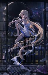 Rule 34 | 1girl, absurdres, balcony, barefoot, blonde hair, blue ribbon, chii, chobits, city lights, cityscape, cloud, crescent moon, dress, from side, full body, highres, light particles, long hair, looking at viewer, meltyrice, moon, night, night sky, paper, ribbon, robot ears, shooting star, short dress, sitting, sky, smile, solo, star (sky), starry sky, very long hair, white ribbon, wind chime, yellow eyes