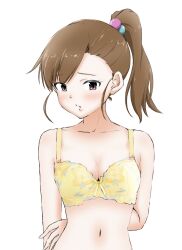 Rule 34 | 1girl, arm behind back, bare shoulders, blush, bra, breasts, brown eyes, brown hair, cleavage, collarbone, futami mami, hair bobbles, hair ornament, highres, idolmaster, idolmaster (classic), idolmaster million live!, idolmaster million live! theater days, long hair, looking at viewer, midriff, navel, parted lips, side ponytail, simple background, small breasts, solo, the end of chun, underwear, underwear only, upper body, white background, yellow bra