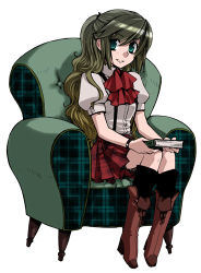 Rule 34 | 1girl, armchair, ascot, black socks, blonde hair, book, boots, chair, couch, gradient hair, green eyes, green upholstery, lowres, multicolored hair, patterned upholstery, plaid, plaid skirt, ponytail, red skirt, shirt, simple background, sitting, skirt, socks, solo, suspenders, white shirt