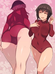 Rule 34 | 1girl, ass, breasts, brown hair, commentary request, covered navel, crotch seam, em (totsuzen no hakike), hand on own chest, heattech leotard, large breasts, leotard, long sleeves, multiple views, open mouth, partial commentary, petals, pink background, red leotard, ribbed leotard, short hair, sidelocks, smile, sweat, sweatdrop, takei junko, thigh gap, trefoil, turtleneck, world witches series