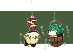 Rule 34 | 2girls, :3, blonde hair, bow, bucket, female focus, green hair, hair bobbles, hair bow, hair ornament, in bucket, in container, kisume, kurodani yamame, long sleeves, multiple girls, rikapo, short hair, touhou, translation request, twintails, upside-down