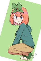 Rule 34 | 1girl, blue eyes, blush, brown pants, commentary request, eyebrows hidden by hair, full body, go-toubun no hanayome, green background, green footwear, green hoodie, green ribbon, hair between eyes, hair ribbon, highres, hood, hood down, hoodie, kujou karasuma, nakano yotsuba, orange hair, pants, parted lips, ribbon, shoes, signature, solo, squatting, sweat, two-tone background, white background
