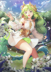 Rule 34 | 1girl, absurdly long hair, afk arena, blunt bangs, blurry, depth of field, flora (afk arena), flower, green eyes, green hair, highres, long hair, looking at viewer, open mouth, outdoors, see-through, teeth, thighs, upper teeth only, very long hair, white flower, y.i. (lave2217)
