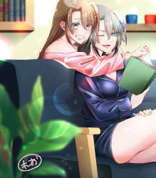 Rule 34 | absurdres, aqua eyes, artist name, black hair, blue eyes, blue shirt, blue shorts, blurry, blurry background, blurry foreground, book, breasts, brown hair, cleavage, commission, couch, lord dearche, depth of field, gradient hair, grey hair, grin, hair ornament, highres, holding, holding book, hug, hug from behind, indoors, lens flare, leonis g, long hair, long sleeves, looking at another, lyrical nanoha, mahou shoujo lyrical nanoha innocent, medium breasts, multicolored hair, on couch, one eye closed, pajamas, pink shirt, shirt, shorts, signature, sitting, skeb commission, smile, turning page, x hair ornament, yagami hayate