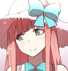 Rule 34 | 10s, 1girl, bare shoulders, bow, darling in the franxx, green eyes, hat, highres, long hair, looking to the side, nagisa (cxcx5235), pink hair, smile, solo, straw hat, zero two (darling in the franxx)