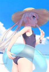 Rule 34 | 1girl, beach, black one-piece swimsuit, black school swimsuit, blue eyes, blue sky, blurry, blurry background, breasts, cloud, covered erect nipples, cowboy shot, day, floating hair, food, holding, holding food, ice cream, innertube, long hair, ocean, one-piece swimsuit, original, outdoors, popsicle, profile, school swimsuit, silver hair, sky, small breasts, solo, soshina nohito, standing, swim ring, swimsuit, tongue, tongue out, transparent, very long hair