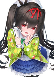 Rule 34 | 1girl, :d, black hair, blue skirt, blush, bow, collared shirt, commentary request, fingernails, floral print, green bow, green jacket, hair between eyes, hair ribbon, hands up, hashiko nowoto, heart, heart-shaped pupils, highres, jacket, layered skirt, long hair, long sleeves, looking at viewer, midori hemo, ochikobore fruit tart, open mouth, original, pleated skirt, print jacket, red eyes, red ribbon, ribbon, shirt, simple background, skirt, sleeves past wrists, smile, solo, symbol-shaped pupils, twintails, very long hair, white background, white headwear, white shirt