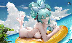 Rule 34 | 1girl, aqua eyes, aqua hair, ass, barefoot, blue sky, bow, breasts, cinnamiku, cinnamoroll, closed mouth, cloud, completely nude, day, ear bow, hair between eyes, hair bow, hatsune miku, highres, looking at viewer, lying, medium breasts, nude, ocean, omone hokoma agm, on stomach, outdoors, revision, sanrio, sky, smile, soles, toes, vocaloid, wet, white bow
