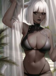 Rule 34 | 1girl, animal ears, warrior of light (ff14), bikini, black bikini, black eyes, black lips, blurry, blurry foreground, breasts, cat ears, cleavage, commission, dark-skinned female, dark skin, final fantasy, final fantasy xiv, highres, large breasts, looking at viewer, miqo&#039;te, navel, short hair, solo, swimsuit, white hair, yiiande