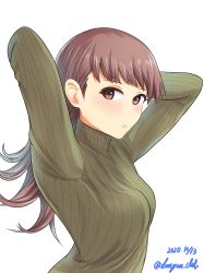 Rule 34 | absurdres, arms behind head, bad id, bad pixiv id, blush, brown eyes, brown hair, dangan kurabu, dated, green sweater, highres, kantai collection, long hair, looking at viewer, ooi (kancolle), ribbed sweater, simple background, solo, sweater, twitter username, upper body, white background