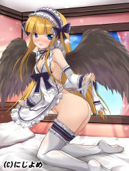 Rule 34 | 1girl, apron, ass, bed, blonde hair, blue eyes, bottomless, breasts, curtains, detached sleeves, hairband, indoors, kneeling, lolita hairband, long hair, looking at viewer, naked apron, official art, pillow, small breasts, solo, thighhighs, tokinobutt, valhalla valkyries, white thighhighs, wide sleeves, window, wings