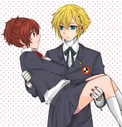 Rule 34 | 1boy, 1girl, aegis (persona), android, atlus, blonde hair, blue eyes, bow, brown hair, carrying, genderswap, genderswap (ftm), jida, persona, persona 3, persona 3 portable, princess carry, red eyes, ribbon, school uniform, shiomi kotone