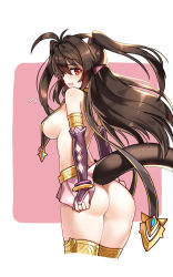 Rule 34 | 1girl, antenna hair, ass, beatrice (soccer spirits), breasts, bridal gauntlets, brown hair, cowboy shot, cropped legs, elbow gloves, fang, fingerless gloves, flying sweatdrops, gloves, head wings, highres, horns, large breasts, long hair, looking at viewer, looking back, no panties, profile, purple gloves, red eyes, serin199, sideboob, simple background, single horn, skirt, skirt tug, soccer spirits, solo, tail, tears, thighhighs, two side up, wings