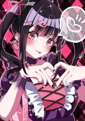 Rule 34 | 1girl, aynm iroha, backpack, bag, black hair, black nails, blunt bangs, choker, commentary request, demon horns, denonbu, dress, earrings, fake horns, hair ornament, hairband, heart, heart earrings, heart hands, horns, jewelry, long hair, looking at viewer, nail polish, pink bag, pink ribbon, puffy short sleeves, puffy sleeves, purple dress, red eyes, reml, ribbon, short sleeves, sidelocks, smile, solo, sparkle, speech bubble, spoken heart, tongue, tongue out, twintails, upper body, wrist cuffs, x hair ornament