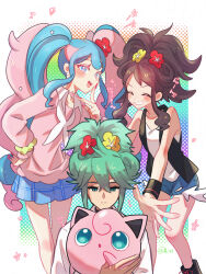 Rule 34 | 1boy, 2girls, alternate hairstyle, black vest, blue eyes, blue hair, blue shorts, blue skirt, brown hair, choker, closed eyes, closed mouth, colored eyelashes, commentary request, creatures (company), curly hair, dressing another, earrings, fairy miku (project voltage), flower, game freak, gen 1 pokemon, green hair, grin, hair flower, hair ornament, hand on own hip, hand up, hatsune miku, heart, heart choker, high ponytail, highres, hii (hii101), hilda (pokemon), holding, holding pokemon, jewelry, jigglypuff, long hair, long sleeves, looking at another, looking down, looking up, miniskirt, multicolored hair, multiple girls, musical note, n (pokemon), nail polish, neckerchief, nintendo, open mouth, outstretched arms, pink choker, pink hair, pink nails, pink sweater, plaid, plaid skirt, pokemon, pokemon (creature), pokemon bw, project voltage, red flower, scrunchie, shirt, short shorts, shorts, sidelocks, skirt, sleeveless, sleeveless shirt, smile, star (symbol), sweater, translation request, twintails, two-tone hair, upper body, very long hair, vest, vocaloid, white neckerchief, white shirt, wrist scrunchie, wristband, yellow flower, yellow scrunchie