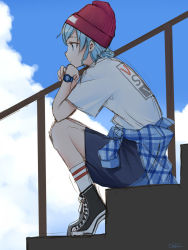 Rule 34 | 1girl, :/, beanie, blue eyes, blue hair, casual, clothes around waist, cloud, day, dorothy west, earrings, from side, gradient background, hat, head rest, highres, jewelry, matching hair/eyes, okiru, plaid, plaid shirt, pretty series, pripara, profile, railing, shirt, shirt around waist, shoes, sitting, sketch, sky, sneakers, socks, solo, stairs, striped clothes, striped socks, watch, white socks, wristwatch