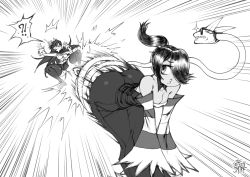 Rule 34 | !?, 2girls, 2others, :3, ass, breasts, cleavage, commentary, detached sleeves, english commentary, filia (skullgirls), greyscale, hair over one eye, highres, hip attack, impossible clothes, leviathan (skullgirls), long skirt, making-of available, medium breasts, meme, monochrome, multiple girls, multiple others, narrow waist, o3o, samson (skullgirls), school uniform, side ponytail, skin tight, skirt, skullgirls, solo focus, speed lines, squigly (skullgirls), striped sleeves, sunglasses, the golden smurf, thighhighs, wide hips, zombie