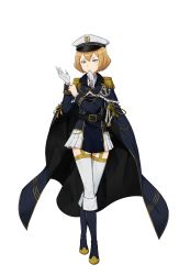 Rule 34 | 1girl, anchor, belt, black footwear, blue eyes, boots, cape, epaulettes, full body, gloves, hair between eyes, hat, highres, knee boots, looking at viewer, mouth hold, official art, princess principal, princess principal game of mission, sheath, sheathed, short hair, skirt, solo, standing, sword, transparent background, uniform, weapon, white gloves, white hat, white legwear, white skirt, zelda (princess principal)