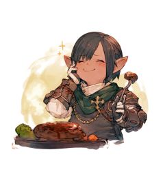 Rule 34 | ^ ^, blush, brown hair, brown shirt, closed eyes, closed mouth, commentary request, cropped torso, dark skin, final fantasy, final fantasy xiv, food, fork, gloves, hand on own cheek, hand on own face, holding, holding fork, junwool, lalafell, meat, pointy ears, shirt, smile, solo, sparkle, swept bangs, warrior of light (ff14), white background