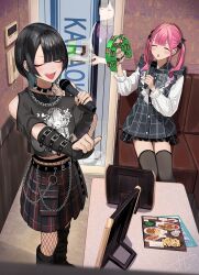 Rule 34 | 3girls, :d, :o, absurdres, black hair, blush, closed eyes, collar, douryou (buta5813), dress, fishnet pantyhose, fishnets, highres, hinamizawa hinami (tetto), holding, holding microphone, indoors, instrument, jirai kei, karaoke, karaoke box, microphone, multiple girls, nail polish, open mouth, original, pantyhose, pink hair, short dress, sitting, skirt, smile, spiked collar, spikes, standing, tambourine, tetto (onnoveltet), thighhighs, twintails, waitress